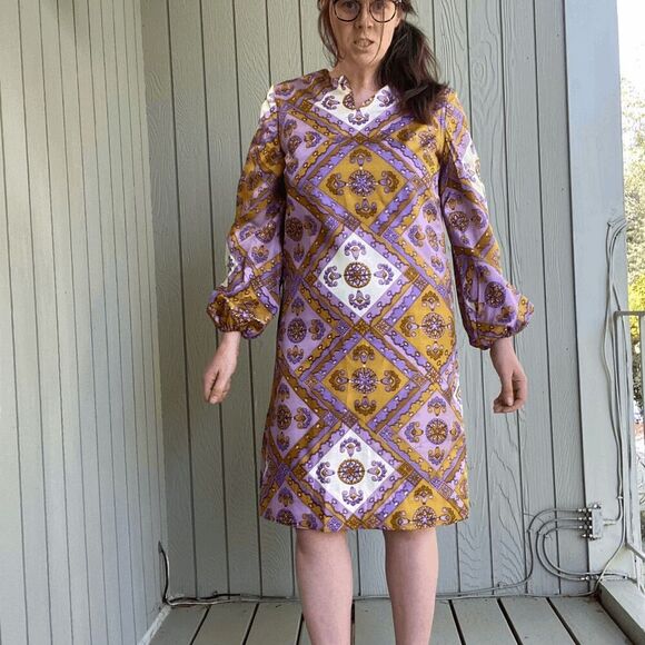 Vintage 1960s Funky Psychedelic Purple Patterned Custom Sewn Dress and Vest Set - Picture 1 of 10
